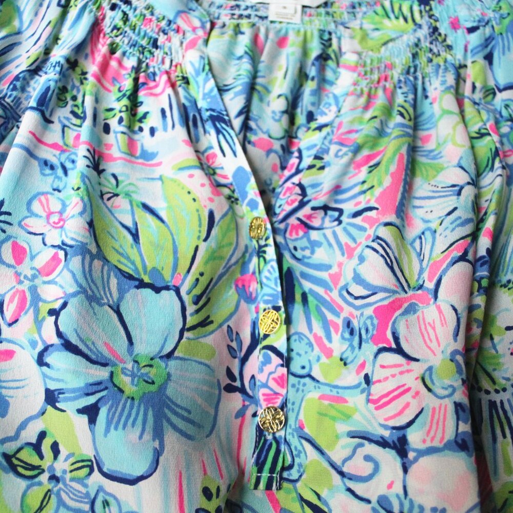 New Lilly Pulitzer Elsa Silk Top, MULTI-LILLYS HOUSE ANNIVERSARY ELSA - Picture 7 of 8